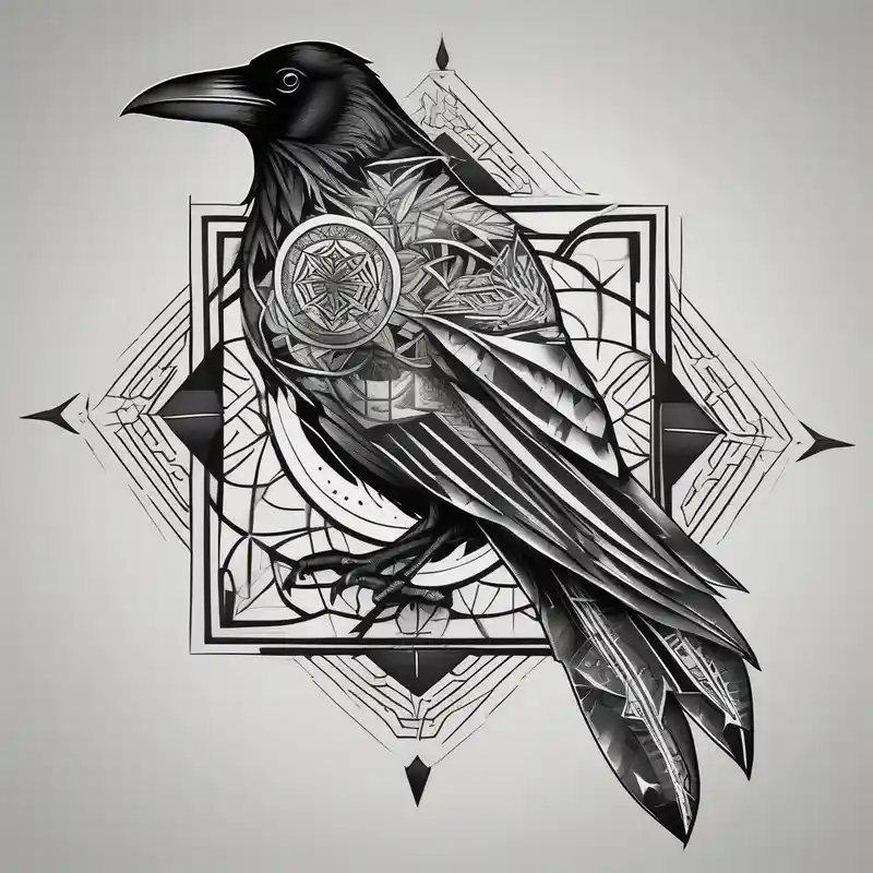 left arm tattoo of a raven on a branch surrounded by mandala fishing tattoos – Géométrique, Noir et blanc